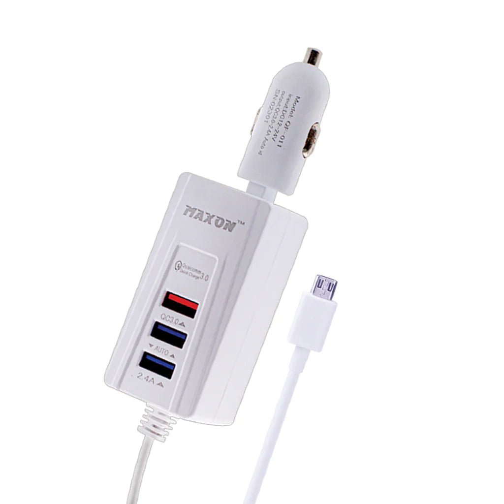 MAXON QF-011 3USB Car Charger with Built-in V8 Cable - Qualcomm Quick Charge 3.0 + 2.4A Fast Charging